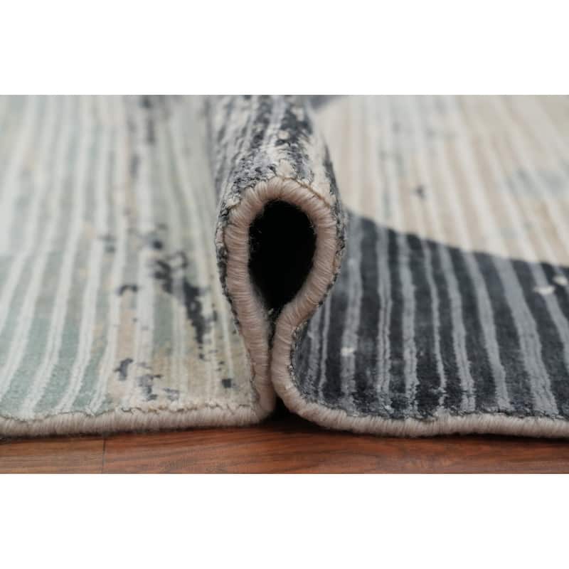 Hand Knotted Oriental Viscose Silk Carpet Modern Pictorial Greys & Charcoal Abstract Area Rug - 6' 6'' X 4' 5''