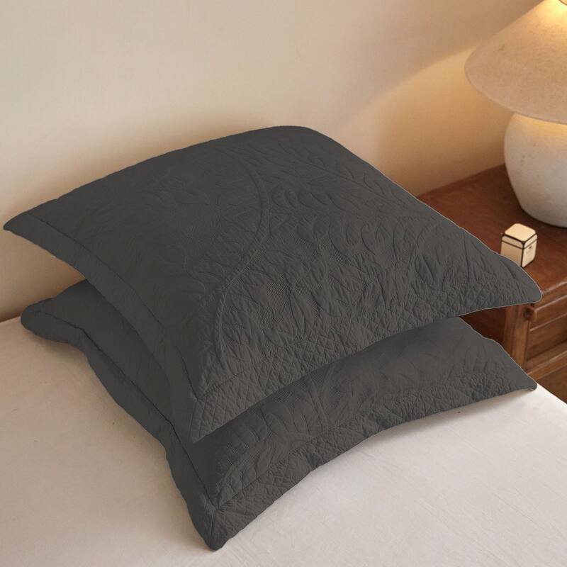 2 Pcs Cotton Embroidered Quilted Euro Shams 26"x26" - Dark Grey - Euro Square