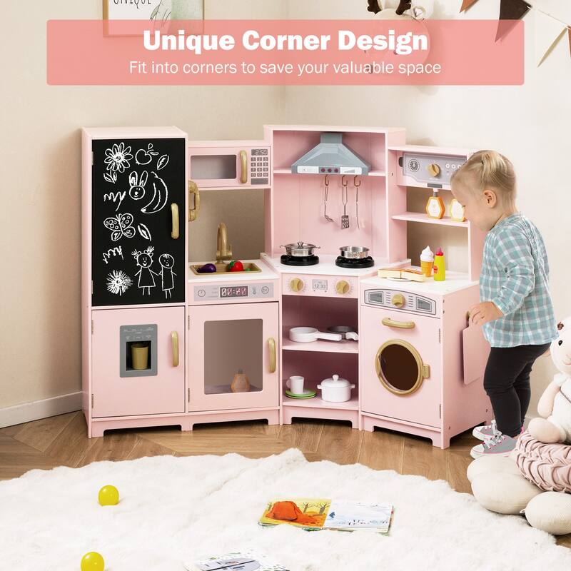 Gymax Corner Kids Play Kitchen Wooden Pretend Toy Kitchen w/ Realistic