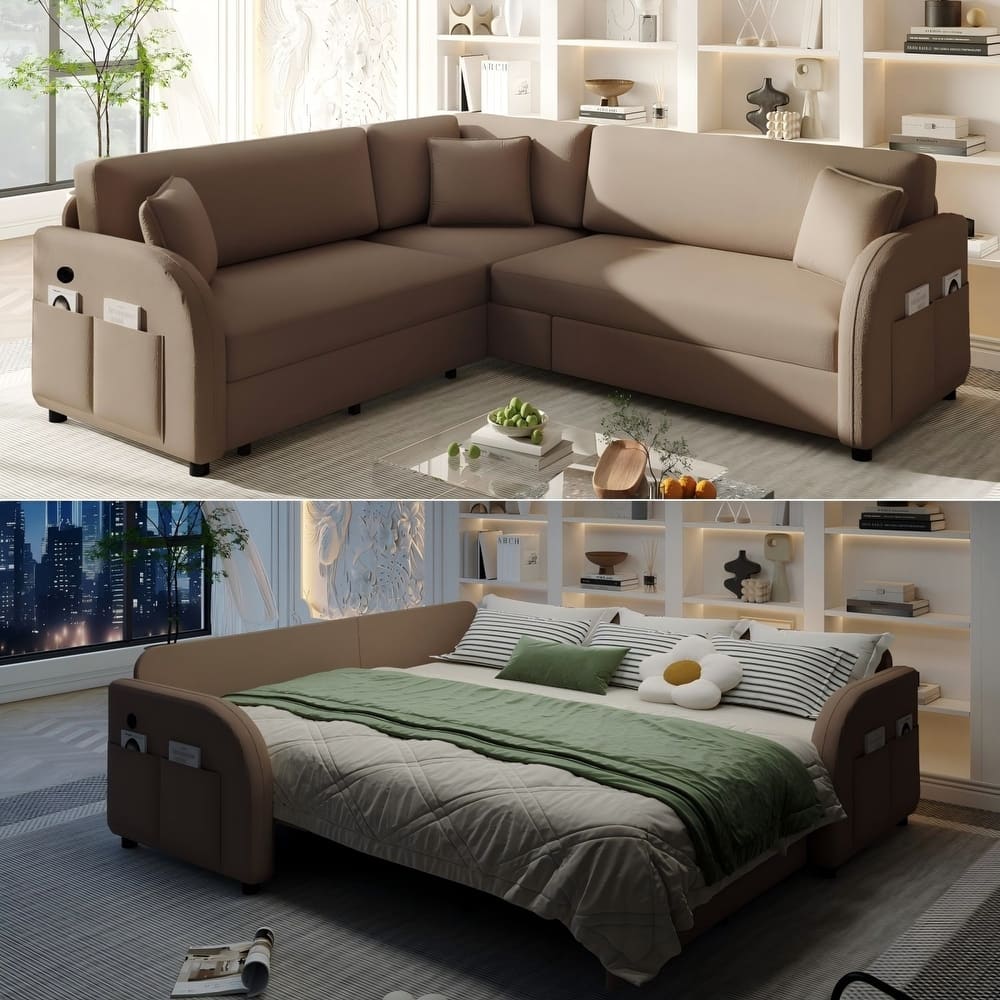 85.1" Teddy Upholstered Sofa with Pull-Out Bed and USB Port