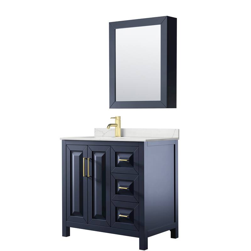 Daria 36-inch Single Vanity, Single Hole Quartz Top, Med Cabinet - Dark Blue, Gold Trim, Giotto Quartz Top