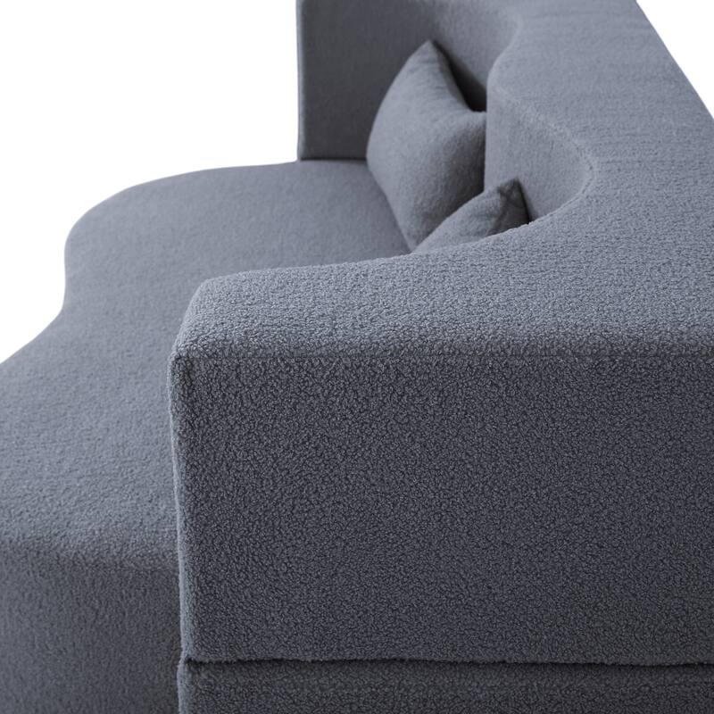 2-in-1 Convertible Sofa Bed, Folding Loveseat Couch with Soft Teddy Fabric, Floor Sleeper Sofa Mattress with 2 Pillows