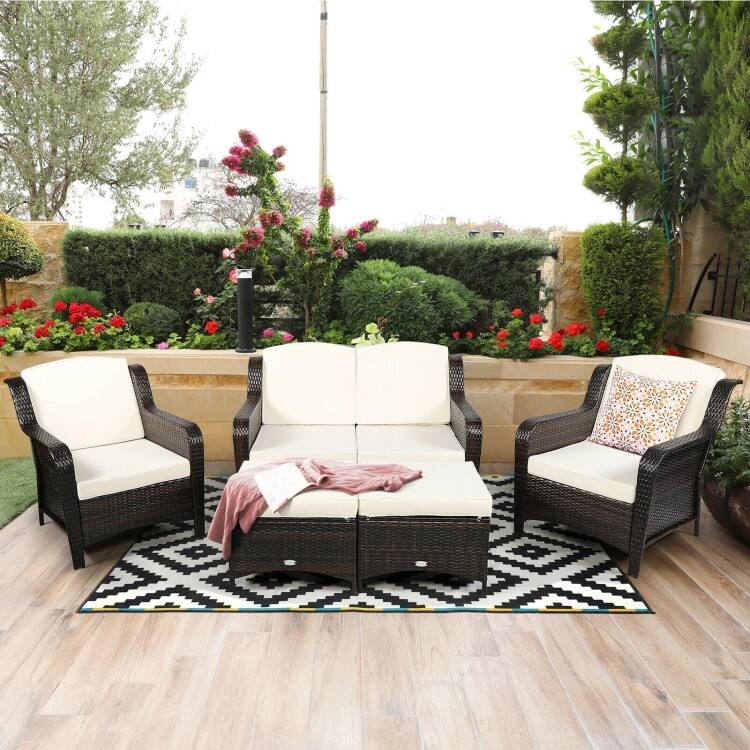5 Pieces Patio Rattan Sofa Set with Cushion and Ottoman - 51" x 33.5" x 33" (L x W x H)