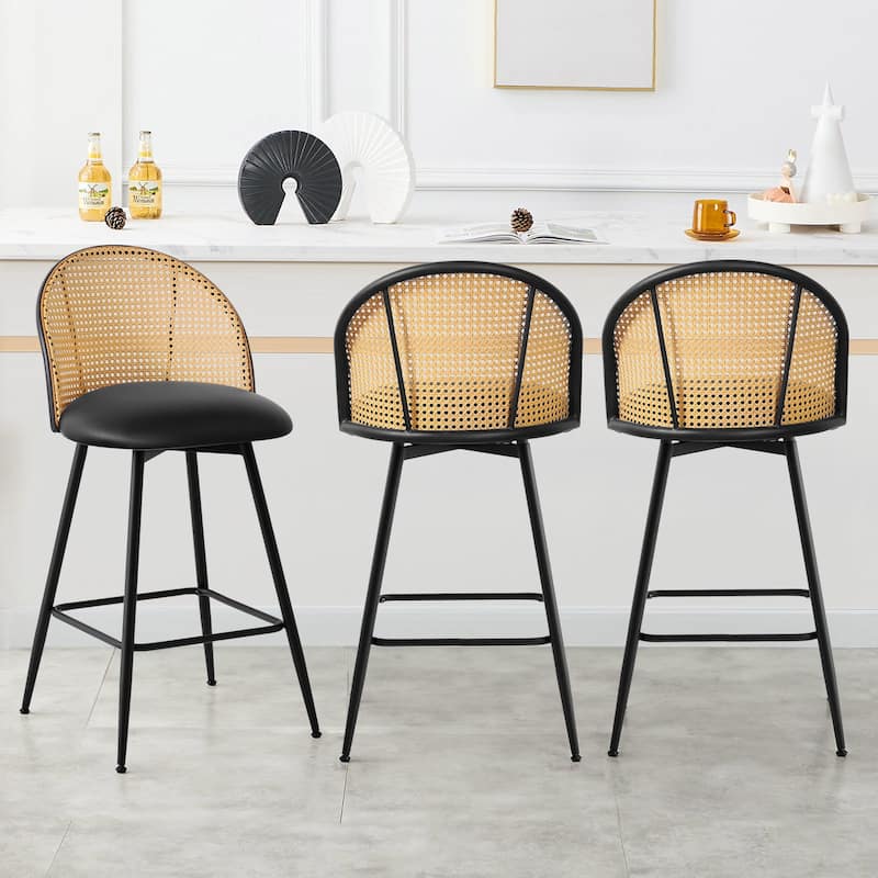 26-Inch Swivel Counter Height Bar Stools with Rattan Back - 36"H x 18.5"W x 19.7"D