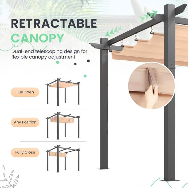EROMMY 10' x 13' Outdoor Pergola with Retractable Canopy, Heavy-Duty Metal Frame and Adjustable Patio Shade Roof