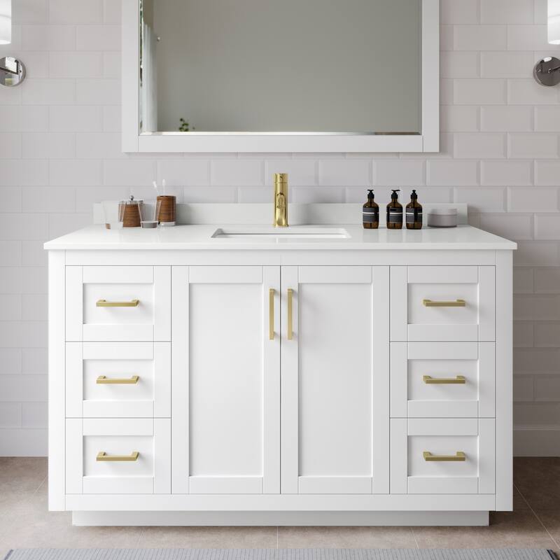Wyndham Collection WCF292954S-QTZ-UNSMXX Miranda 54" Free Standing - White / White Quartz Top / Brushed Gold Hardware