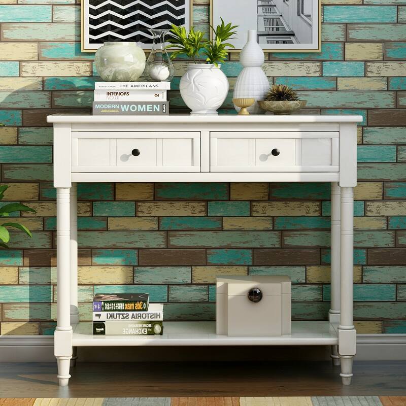 Retro Console Table with 2 Drawers and Bottom Shelf - Ivory