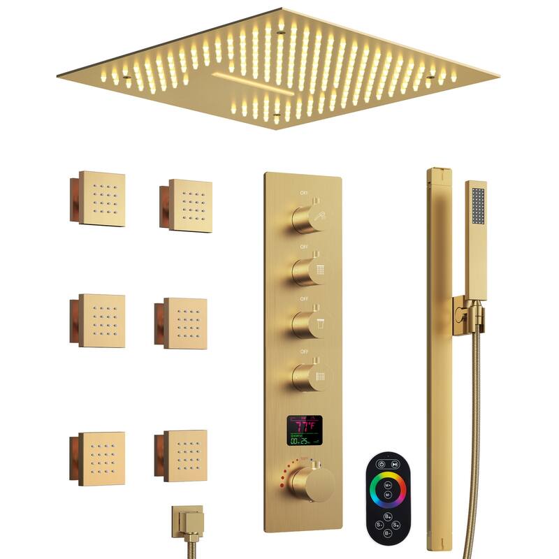 GRANDJOY Luxury LED 16" Ceiling Mount Shower Head Temperature Display Shower System with 6 Body Jets - Brushed Gold