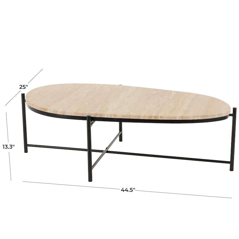 Marble Oval Coffee Table with Black Metal Support - Beige - Roche River Decor - 25"W x 45"L x 13"H