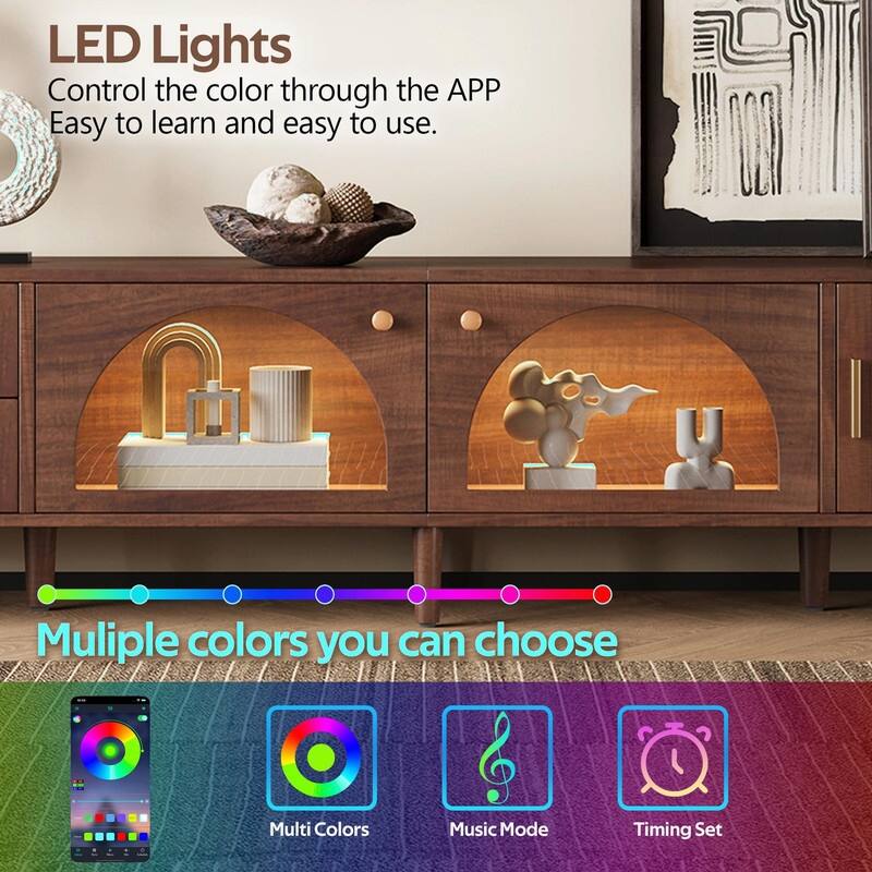 86" TV Stand for TVs up to 90", Entertainment Center with App-Controlled LED Lights, 2 Drawers & Glass Door Storage