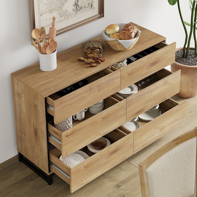WAMPAT Modern Buffet Sideboards, Sideboard Buffet Cabinet with 6 Drawers , Coffee Bar Storage Cabinet for Kitchen