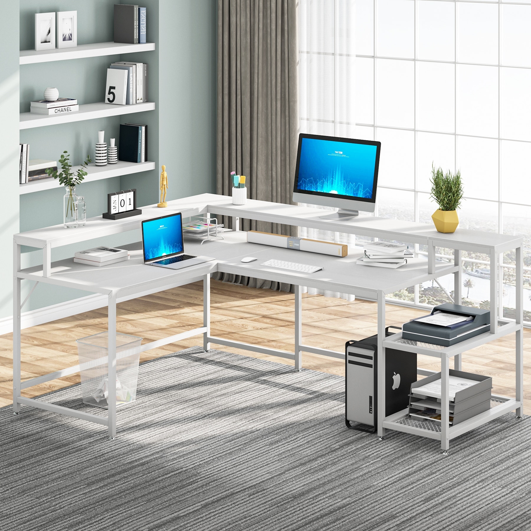 55/53 inch Reversible L Shaped Desk with Storage Shelf and Monitor  Stand,Corner Desk - On Sale - Bed Bath & Beyond - 34471867