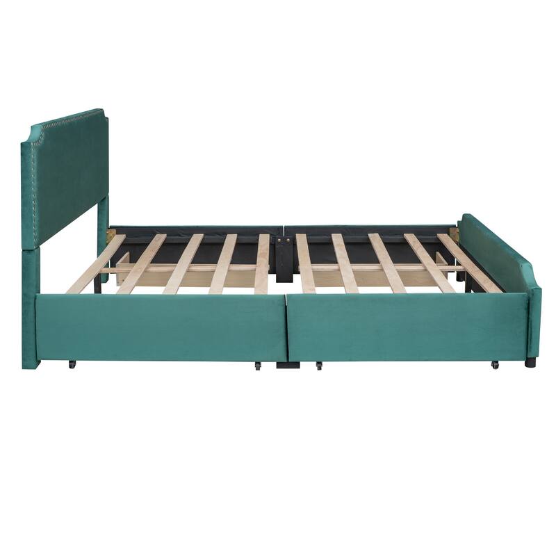 Upholstered Platform Bed Queen Size Velvet Fabric Storage Bedframe with 4 Drawers, Headboard & Footboard, No Box Spring Needed