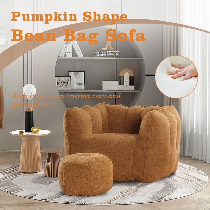 Soft Bean Bag Lazy Sofa with Footstool for Living Room and Bedroom - Khaki