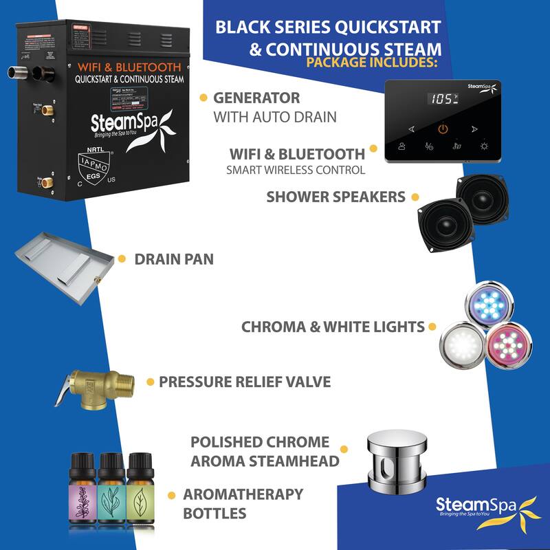 Black Series Steam Bath Generator with Fully Wireless Remote, BLUETOOTH, WIFI, and Auto Drain - 7.5 KW