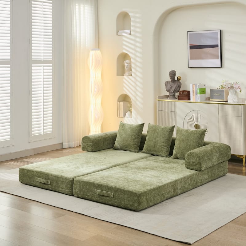 3-Tier Design Convertible Chenille Sofa Bed, Folding Sleeper Floor Sofa with Pillows, No-Assembly Modular Sofa Couch