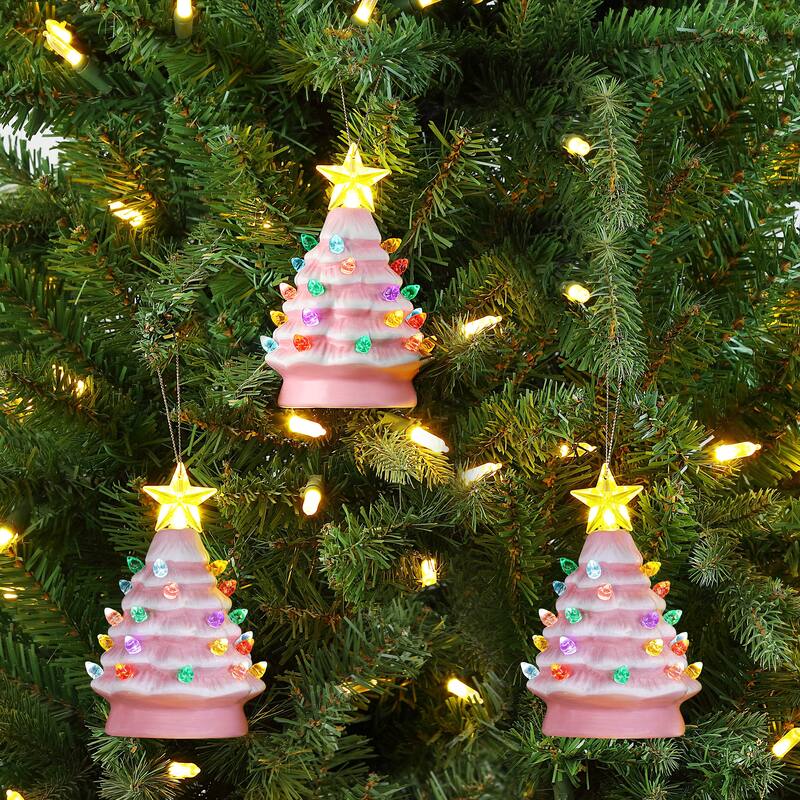 5 in. Set of 3 Nostalgic Ceramic Tree Ornaments - Pink
