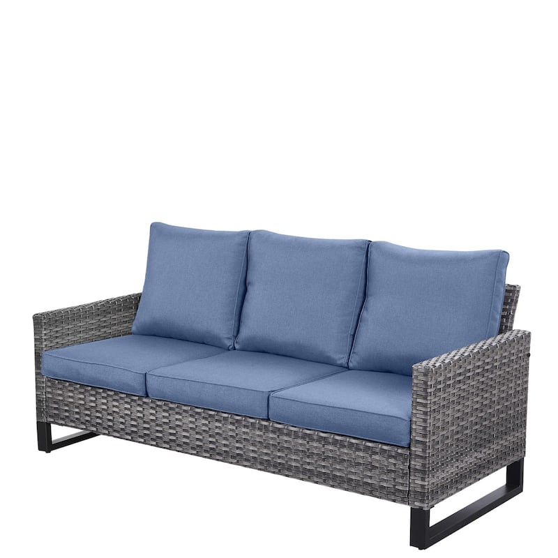 Gymojoy 3-Seat Outdoor Sofa, All-Weather PE Wicker - 1-Piece - Grey Wicker / Blue Cusion