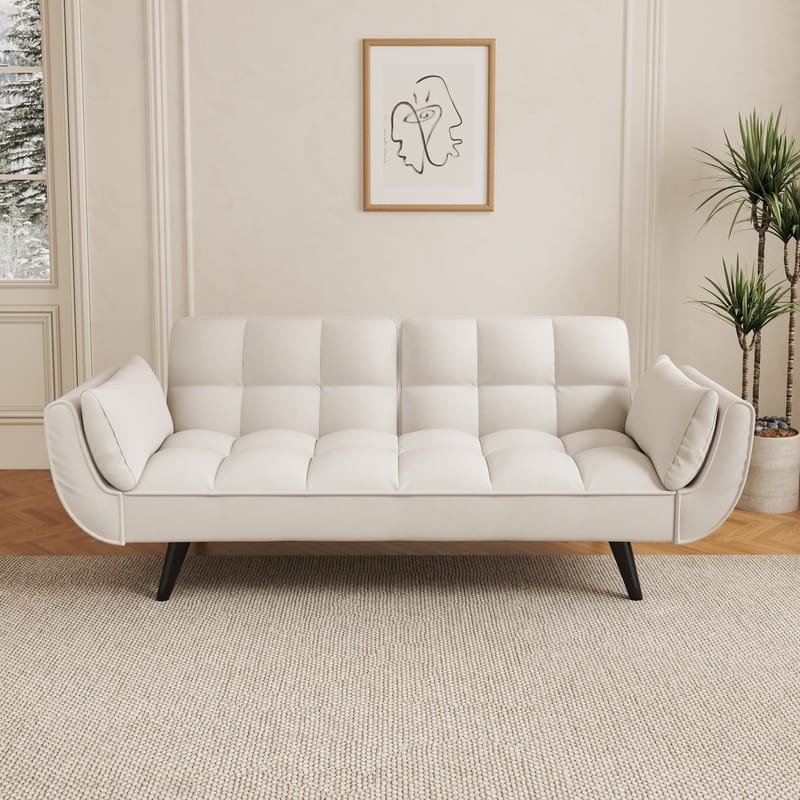 74" Velvet Upholstered Double Sofa Bed, Beige