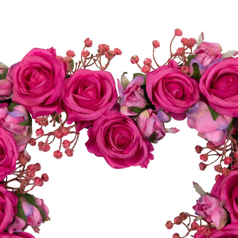 Blooming Rose Buds Artificial Heart Shaped Valentine's Day Wreath - 16" - Pink