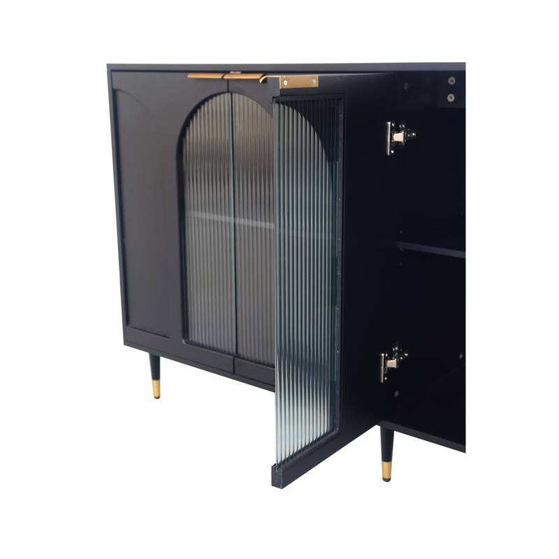 Black Sideboard Buffet Server Cabinet TV Console Table w/ 4 Glass Doors, Hallway Cabinet Adjustable Shelf Accent Storage Cabinet