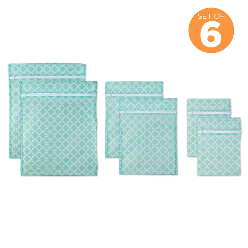 Set of 6 Aqua Blue and White Moroccan Trellis Mesh Laundry Bags 19.75"