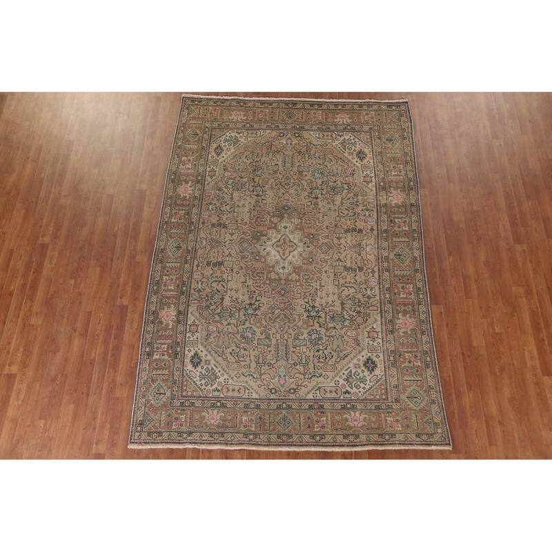 Hand Knotted Oriental 100% Wool Carpet Traditional Medallion Peach Tabriz Area Rug - 9' 7'' X 6' 7''