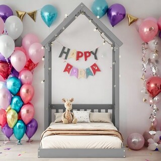 House-Style Funny Twin House-shaped Roof Headboard Floor Kids Furniture Bed Kidsbed, Grey