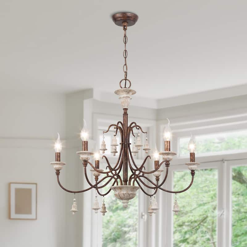 Farmhouse 6-Light Wood Chandelier French Country Candle Ceiling Light for Dining Room - D 26.5" x H 22.5"