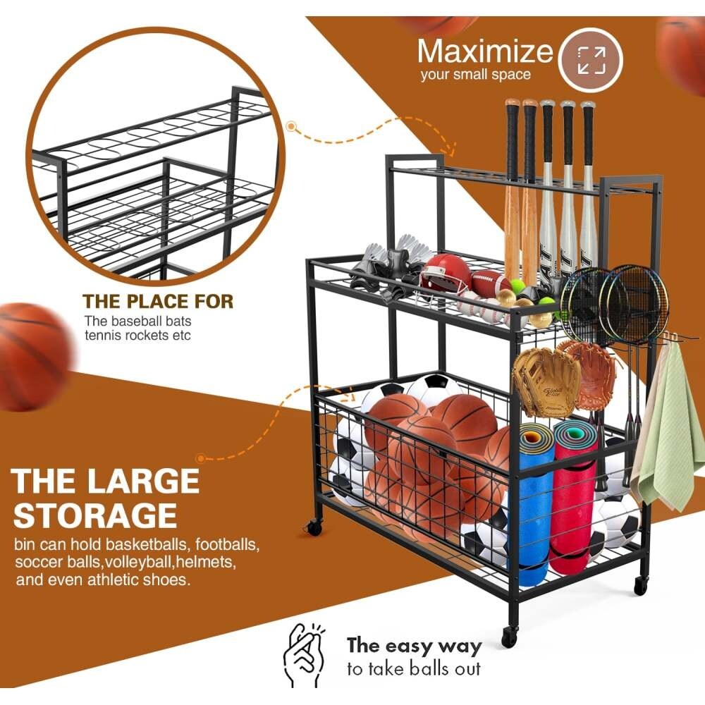 31.5'' Black Sports Equipment Organizer Storage Rack Cart