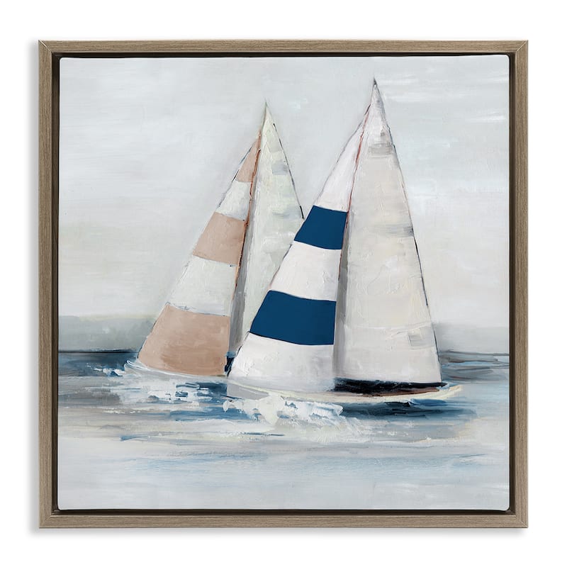 Stupell Striped Sailboat Duo Framed Floater Canvas Wall Art Design By Sally Swatland - 18 x 18 - Brown