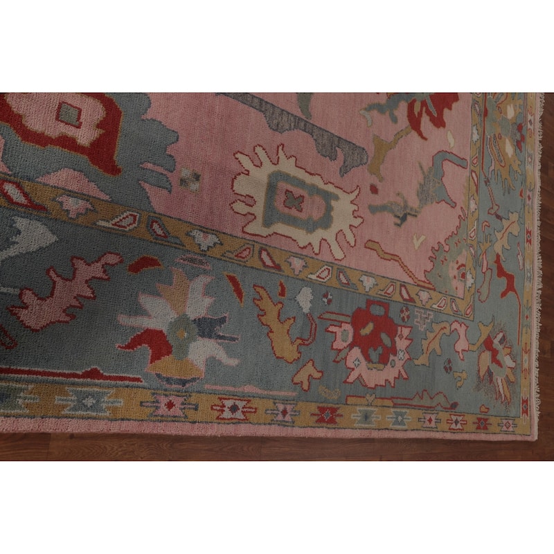 Pink Oushak Area Rug Handmade Transitional Floral Wool Carpet - 9'0"x 12'0"