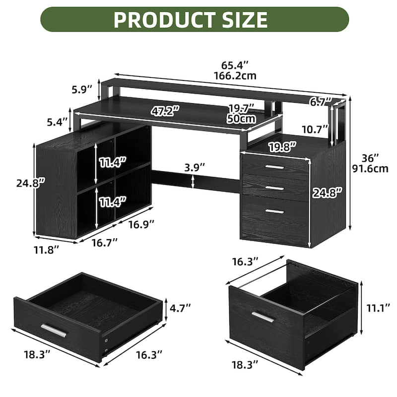 Moasis 65" Computer Desk with Filing Cabinet and Storage Shelves, LED Lighting Corner Home Office Desk