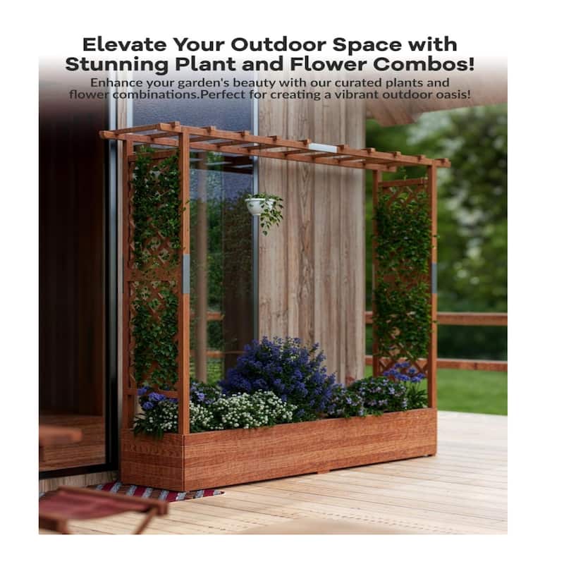 43x17x72Inch Elevated Wooden Garden Bed with Trellis and Hanging Roof Wood Planter Box 4 Drainage Holes