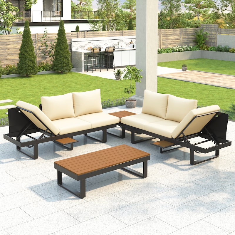 Outdoor Sectional Sofa Set, Patio Conversation Set,Patio Seating Group Outdoor Daybed with Adjustable Reclining Seats - Beige