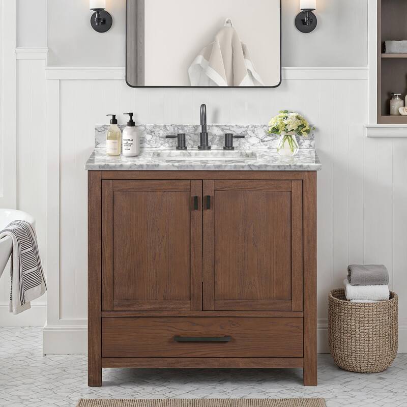 Avanity Modero 36 in. Single Sink Bathroom Vanity with Carrara Marble Top - 37"W x 22"D x 35"H - Mocha Oak