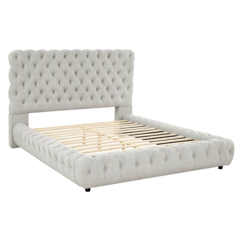 Goy King Size Bed, Low Profile, Button Tufted, Gray Fabric Upholstery
