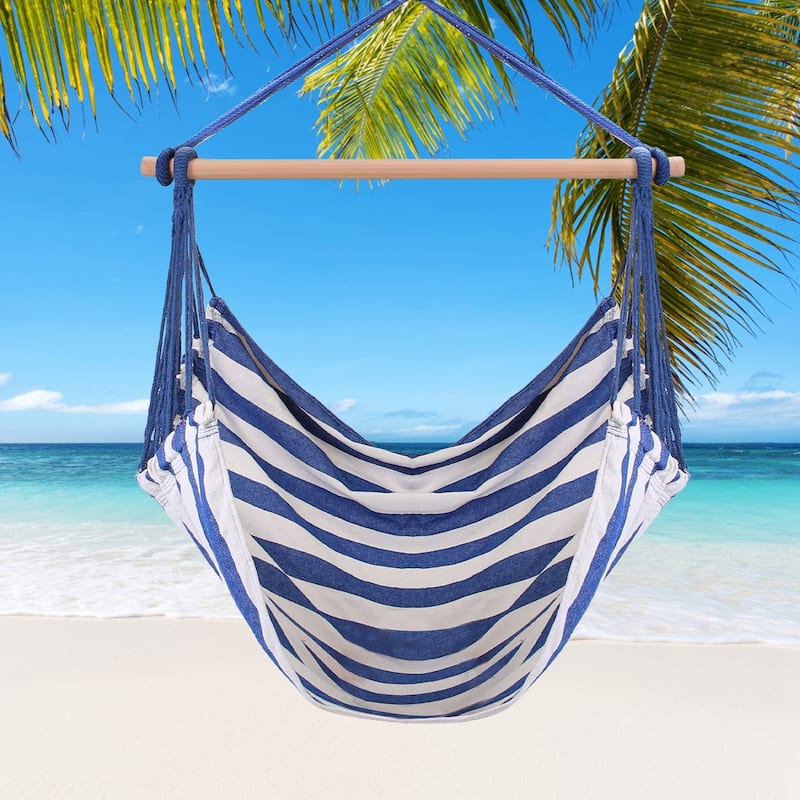 Cotton Canvas Swing Seat Hanging Hammock Chair with Pillows and Wooden Bar for Indoor or Outdoor - 39” x 51” - Blue