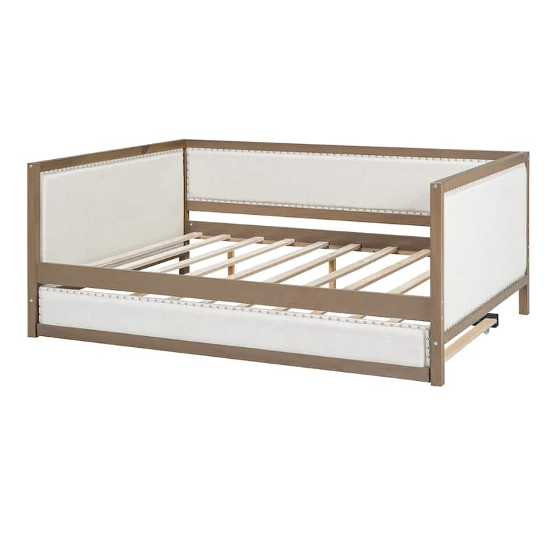 Roomfitters Full Size Upholstered Daybed with Trundle and Nailhead Trim, Beige