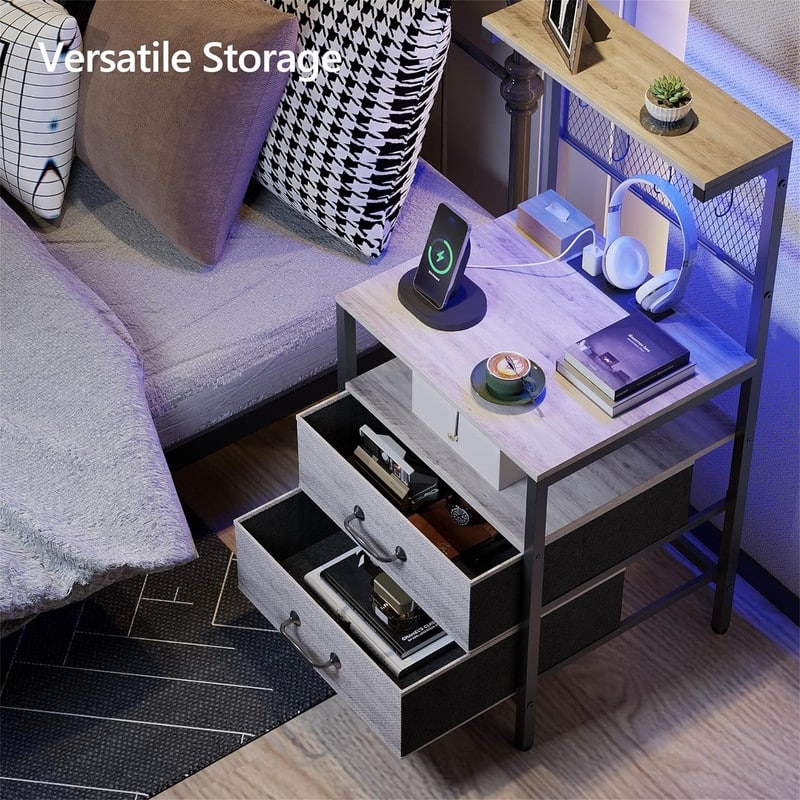 Nightstand Set of 2 with Charging Station and LED Lights