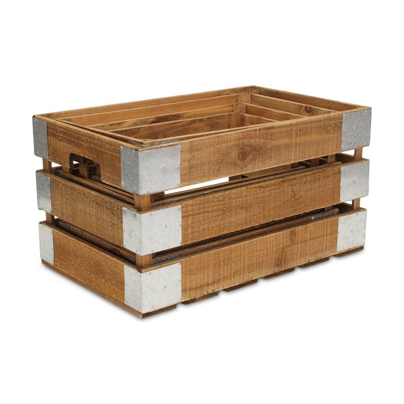 Brown Wood Crate with Metal Accent and Studs (Set of 4)