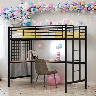 Twin Metal Loft Bed with Desk and Shelve, Black, Modern Kids Loft Bed