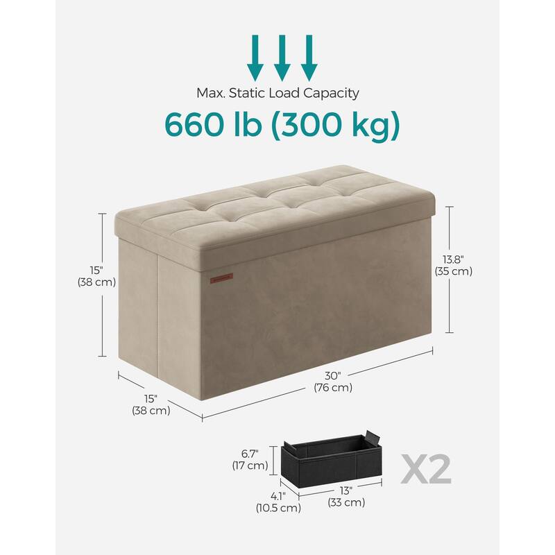 Storage Ottoman, Foldable Velvet Storage Bench, 2 Extra Storage Boxes, 15 x 30 x 15 Inches, 660 lb Load Capacity, for Entryway
