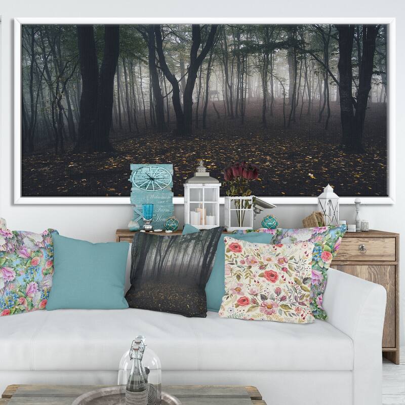Designart "Dark Spooky Misty Wild Forest" Oversized Forest Framed Canvas Artwork Print