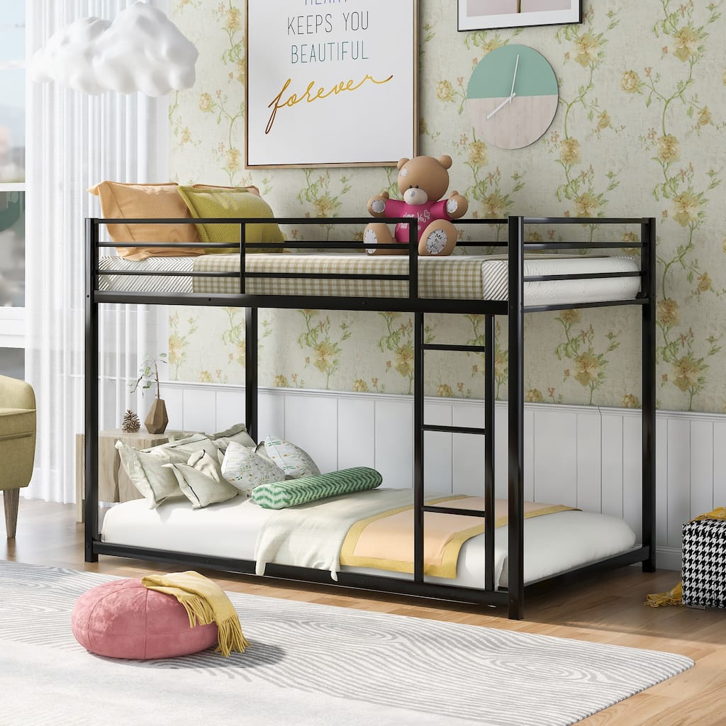 Black Twin over Twin Size Metal Low Bunk Bed with Ladder and Fence for Kids, Boys and Girls, Bedroom