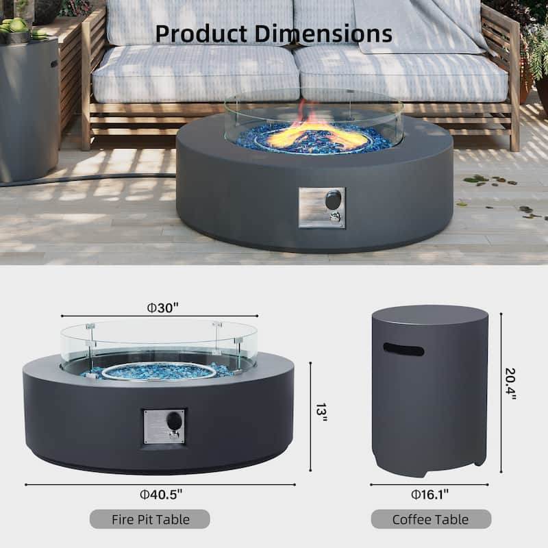Patio Watcher 42in. Outdoor Round Magnesium Oxide Fire Pit Table with Gas Tank Cover and Wind Guard