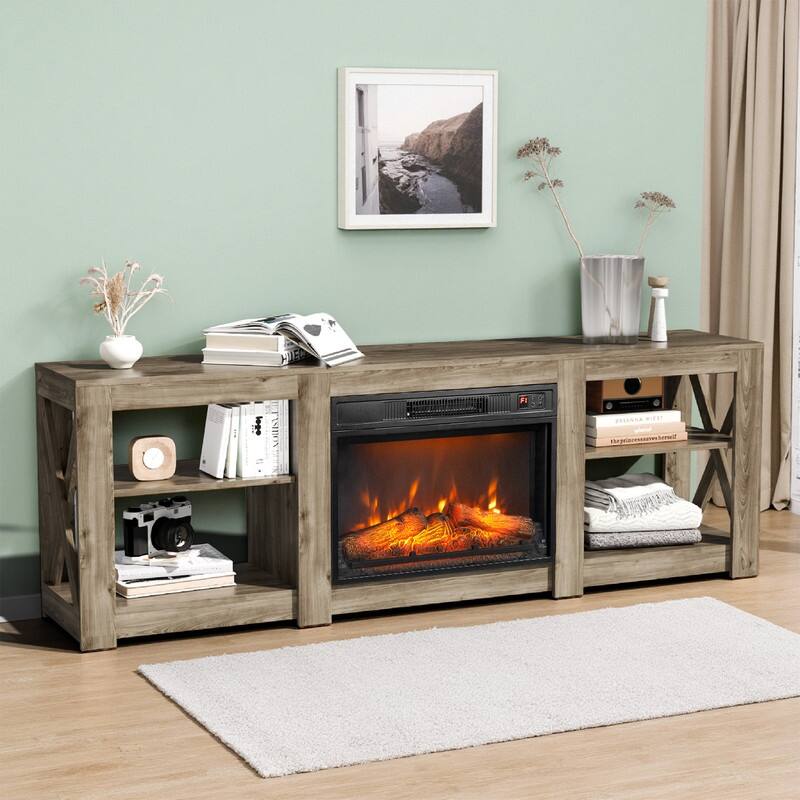 Farmhouse 70'' TV Stand For Tvs Up To 70'' With 23'' Electric Fireplace and Adjustable Shelves