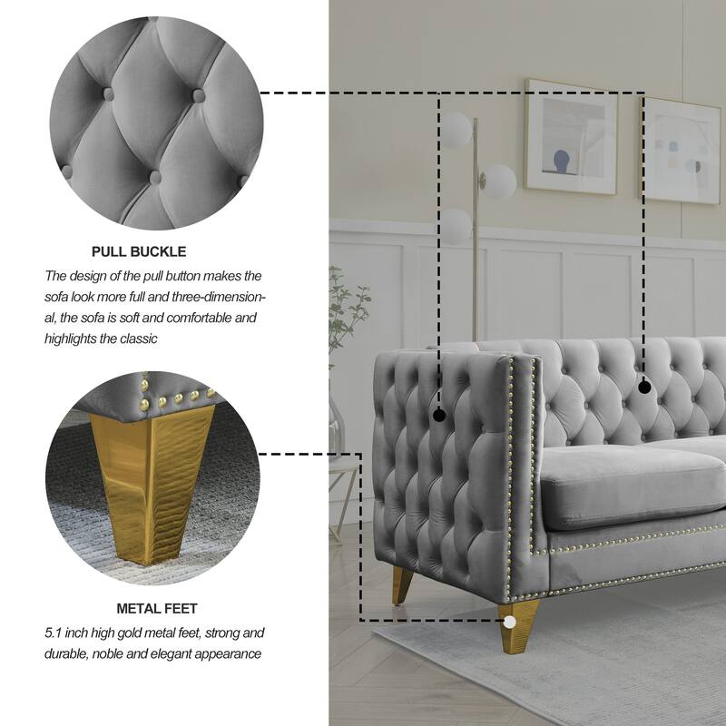 Classic Chesterfield Velvet Sofa Set, 2-Piece Button-Tufted 3-Seater Couch with Nailhead Trim and Metal Legs