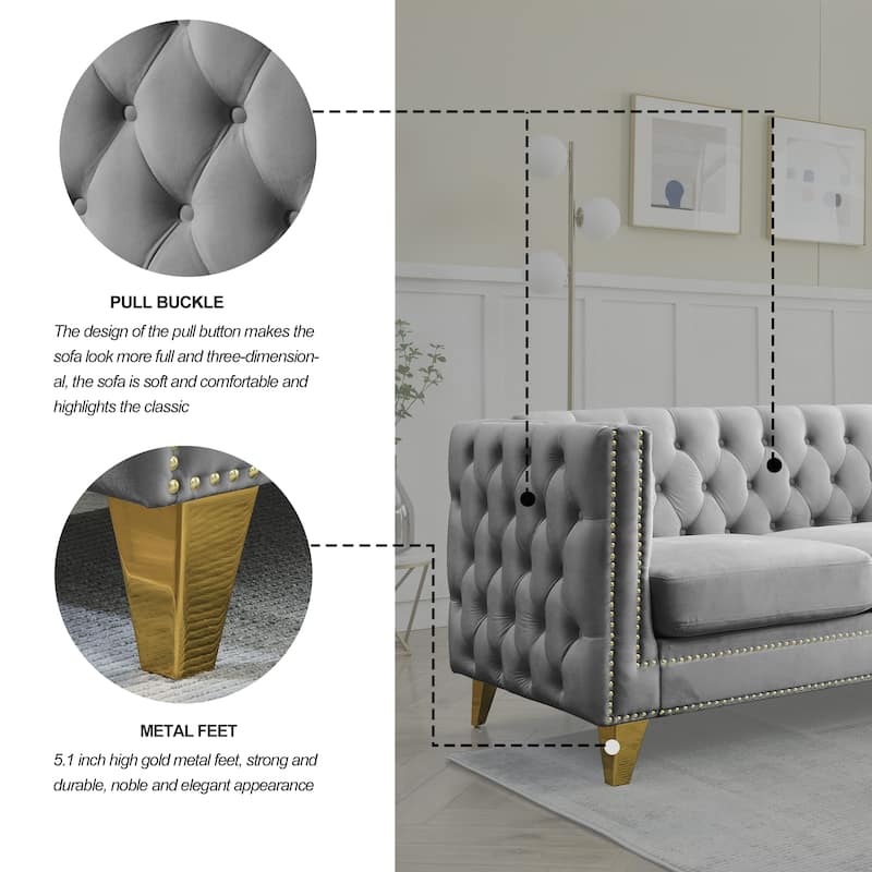 Elegant Chesterfield Sofa with Copper Nailhead Trim - 3-Seater Couch