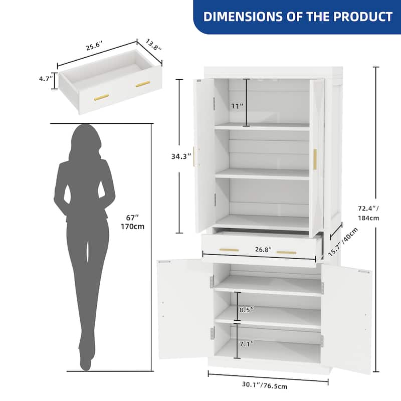 Moasis Farmhouse Freestanding 72'' Kitchen Pantry Storage Cabinet Cupboard with Drawer Adjustable Shelves